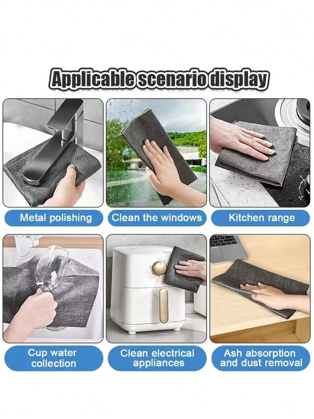 A set of reusable microfiber cleaning cloths used for metal polishing, window cleaning, kitchen range cleaning, cup water col