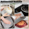 A set of multifunctional metal wire cleaning cloths being used for various kitchen and surface cleaning tasks.