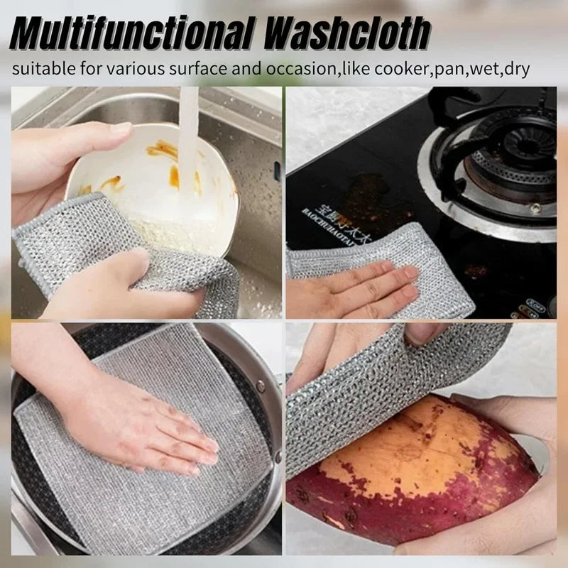 A set of multifunctional metal wire cleaning cloths being used for various kitchen and surface cleaning tasks.