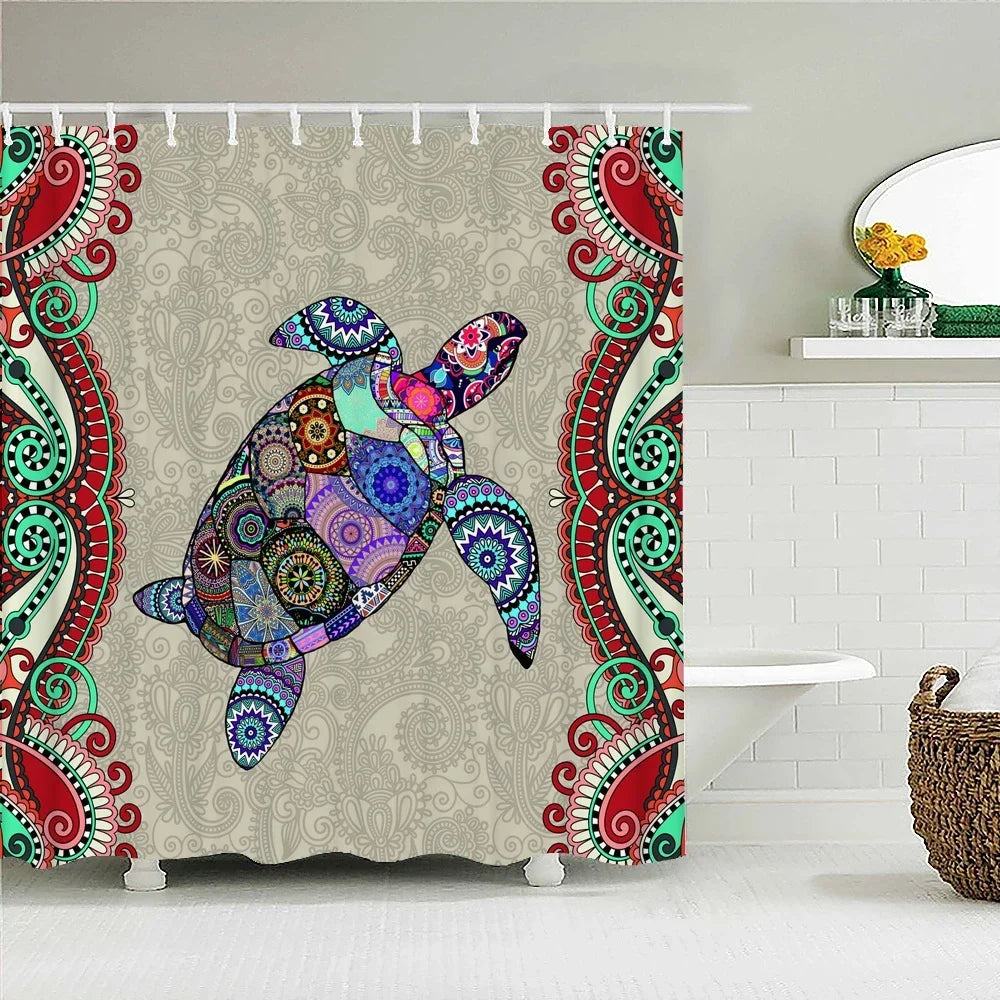 A colorful sea turtle design shower curtain featuring vibrant greens, blues, and reds on a beige background.