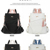 A set of women's anti-theft PU leather travel backpacks in black, white, and black and white combinations.