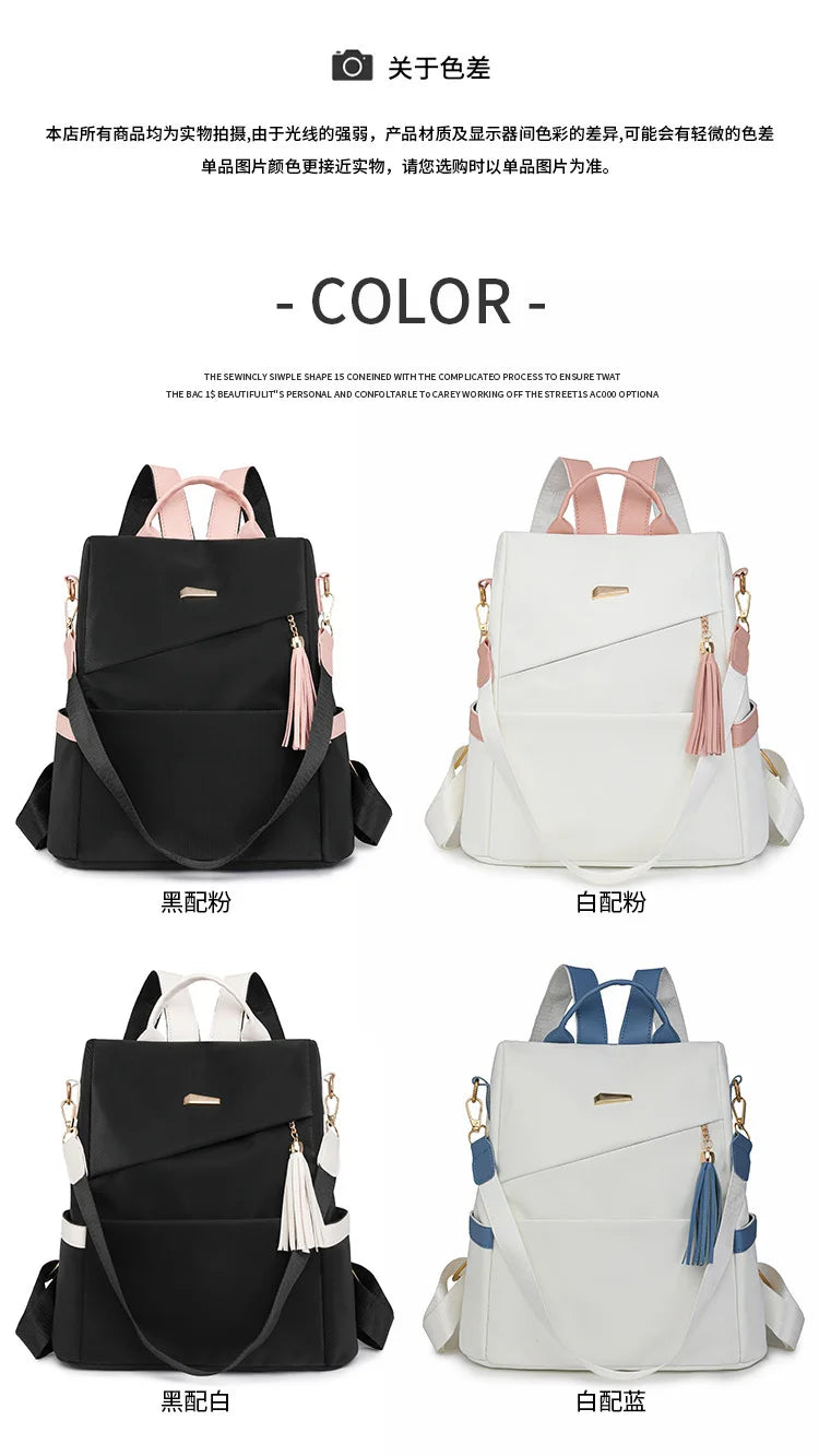 A set of women's anti-theft PU leather travel backpacks in black, white, and black and white combinations.
