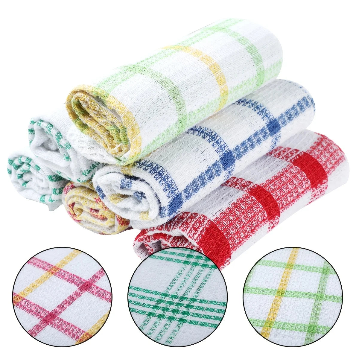 A stack of plaid microfiber dish towels in white, green, yellow, and blue patterns.