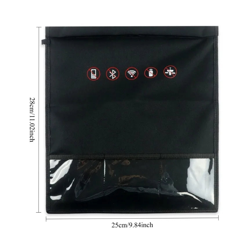 Black Faraday shield key bag with icons for anti-theft protection and a clear window.