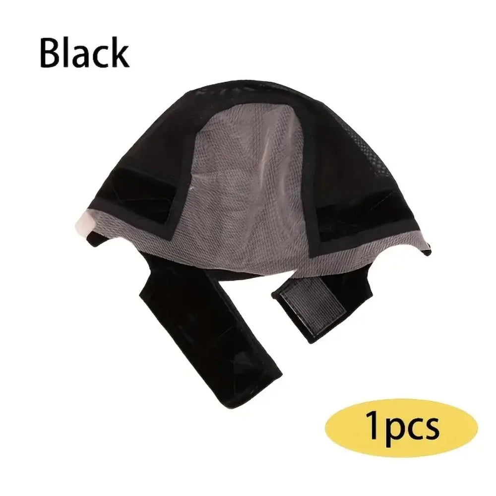 Black adjustable lace wig grip cap with a mesh top and black elastic band