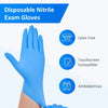 A hand wearing blue disposable nitrile exam gloves is shown next to features like latex-free and touchscreen compatibility.