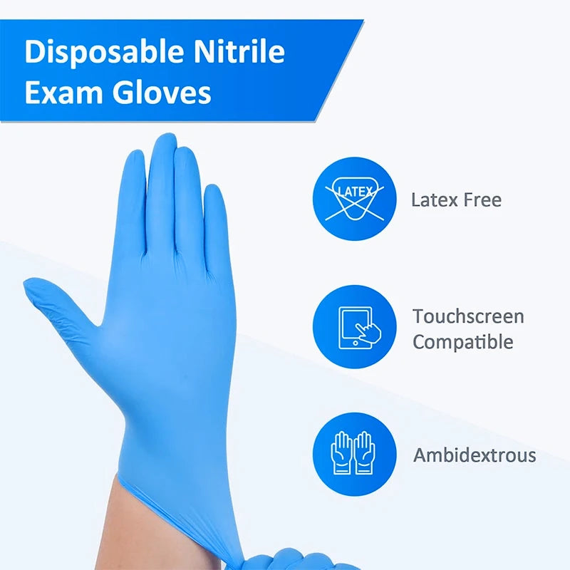 A hand wearing blue disposable nitrile exam gloves is shown next to features like latex-free and touchscreen compatibility.