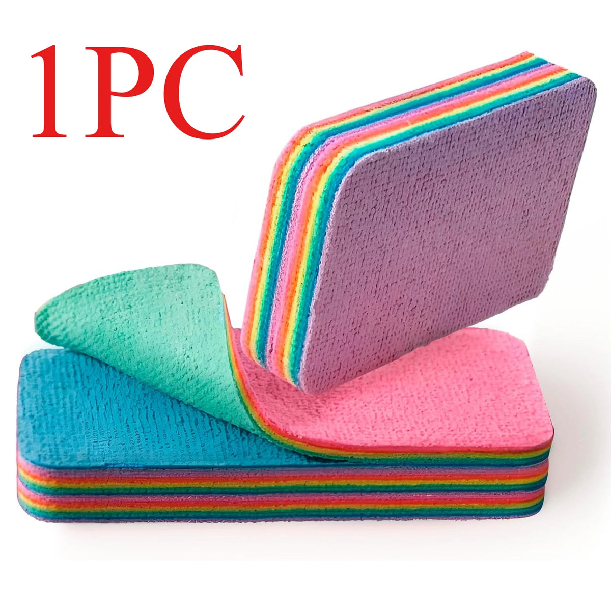 One pack of reusable PVA rainbow sponge cleaning cloths stacked and laid out.