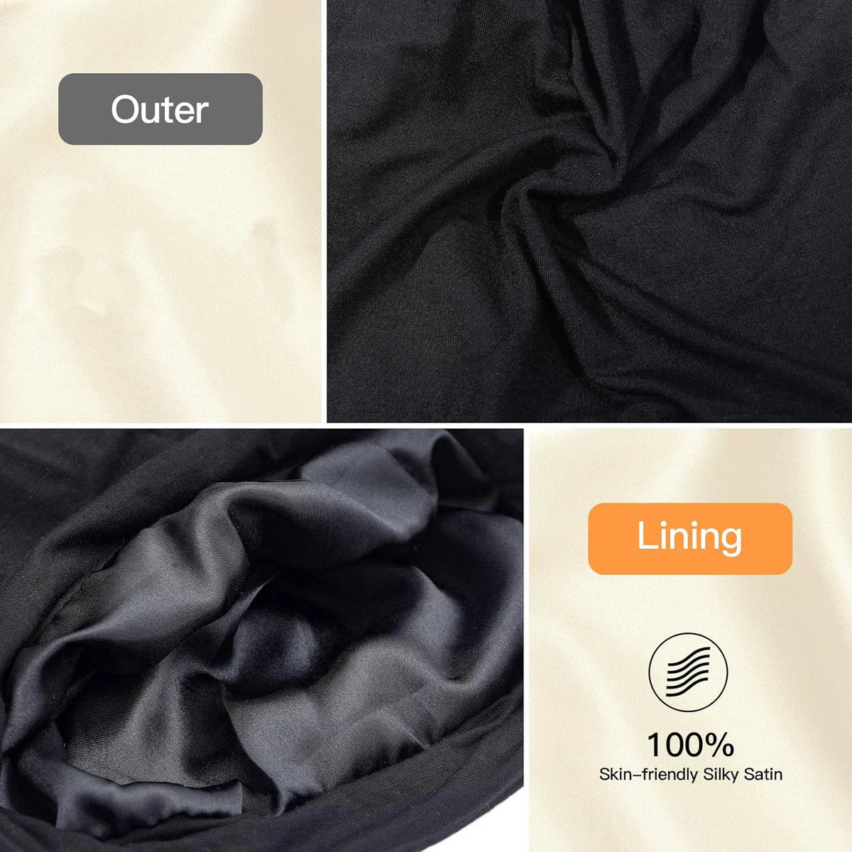 A black satin sleep bonnet shown in various views, including the outer fabric and lining.