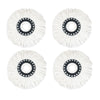 Cuatro cabezales de fregona de microfibra blanca con almohadillas circulares giratorias y anillos negros.