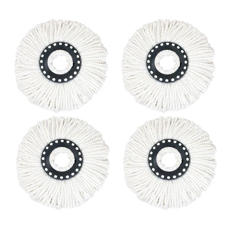 Cuatro cabezales de fregona de microfibra blanca con almohadillas circulares giratorias y anillos negros.