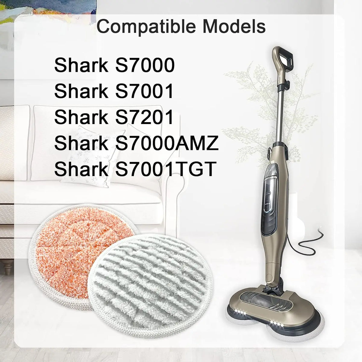 Replacement mop cloth pads for various Shark vacuum cleaners shown next to a main mop and vacuum unit.