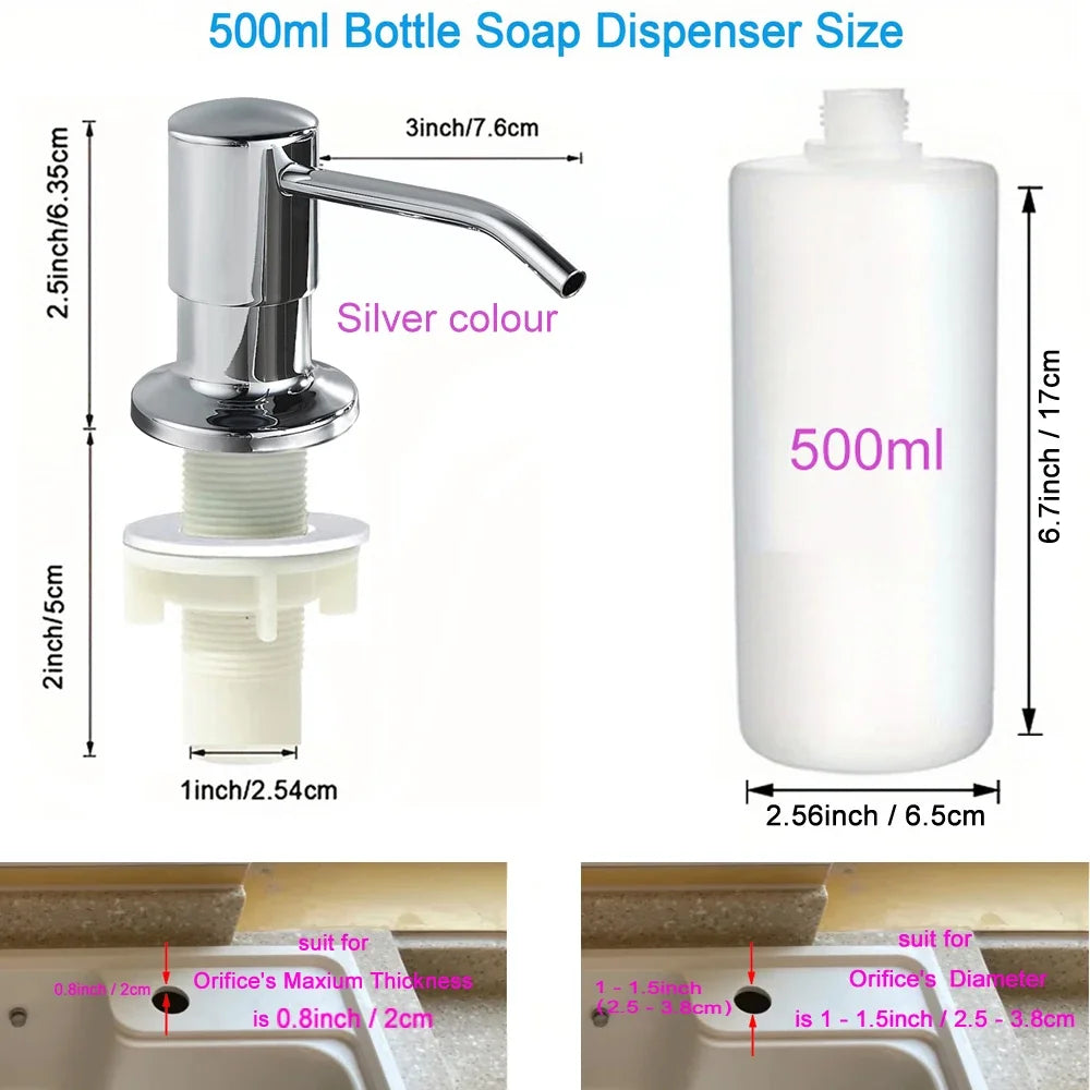 A silver stainless steel liquid soap dispenser bottle with a pump and a white plastic base.