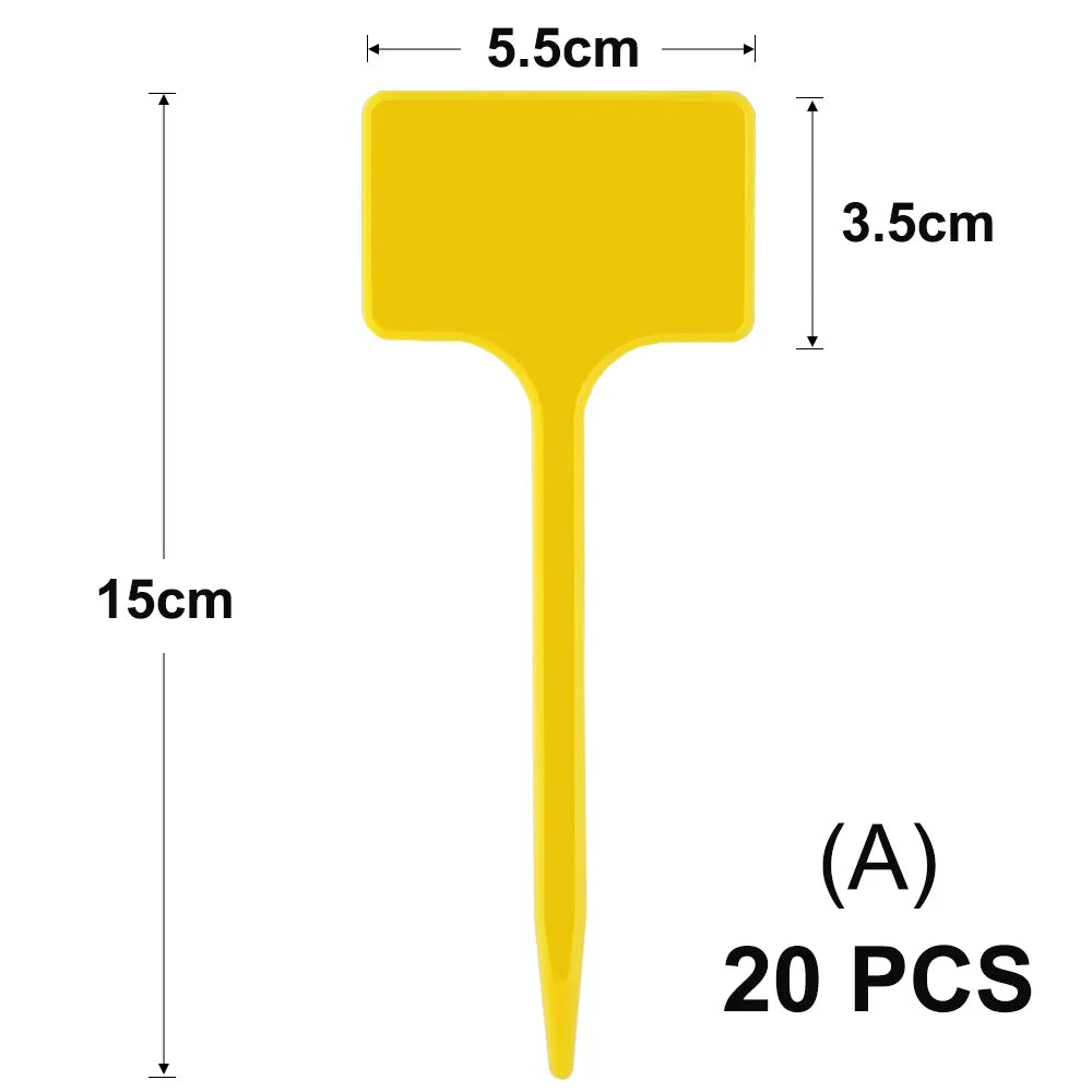 Yellow T-shaped plant markers with a 5.5cm wide head and a 15cm long stem, sold in a pack of 20.