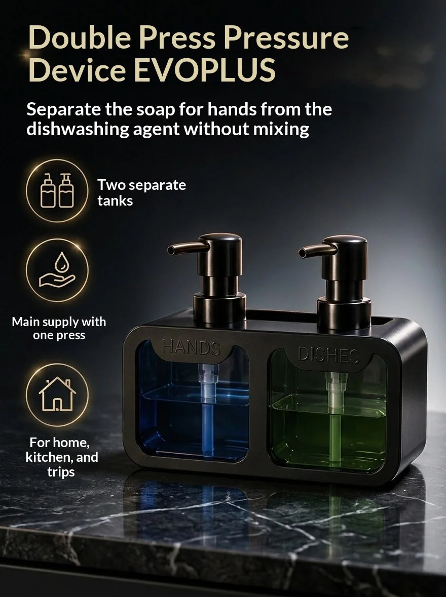 A black double press pressure device for separating soap and dishwashing agent into two tanks.