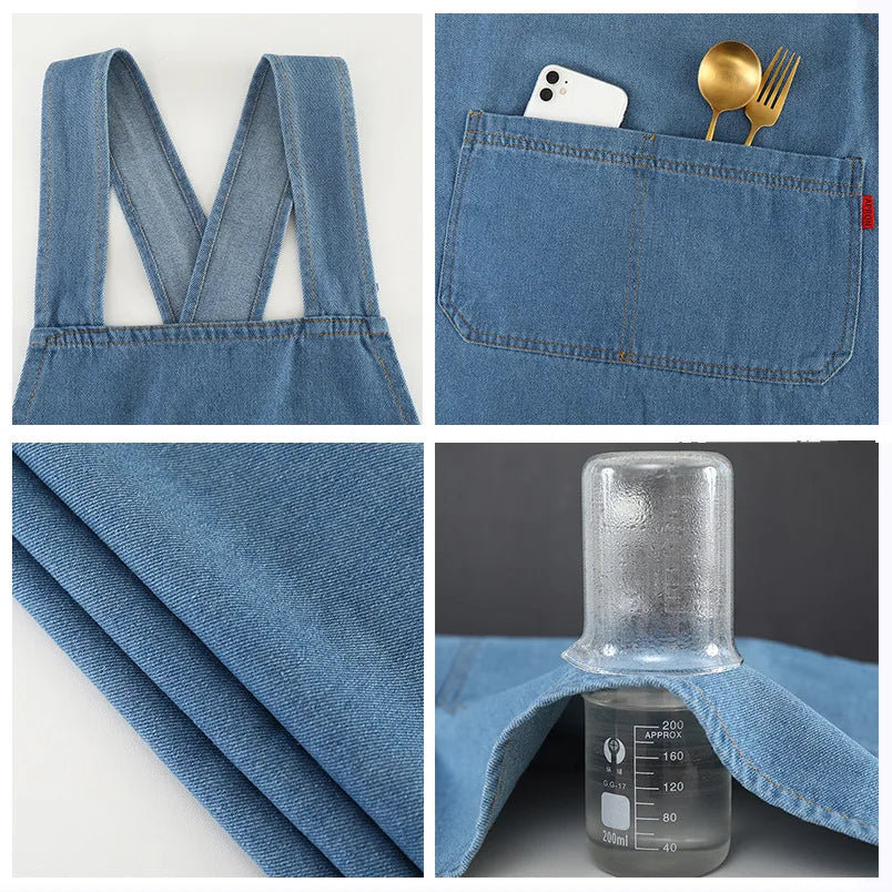 A blue denim apron with straps and a pocket, next to a glass measuring tool.
