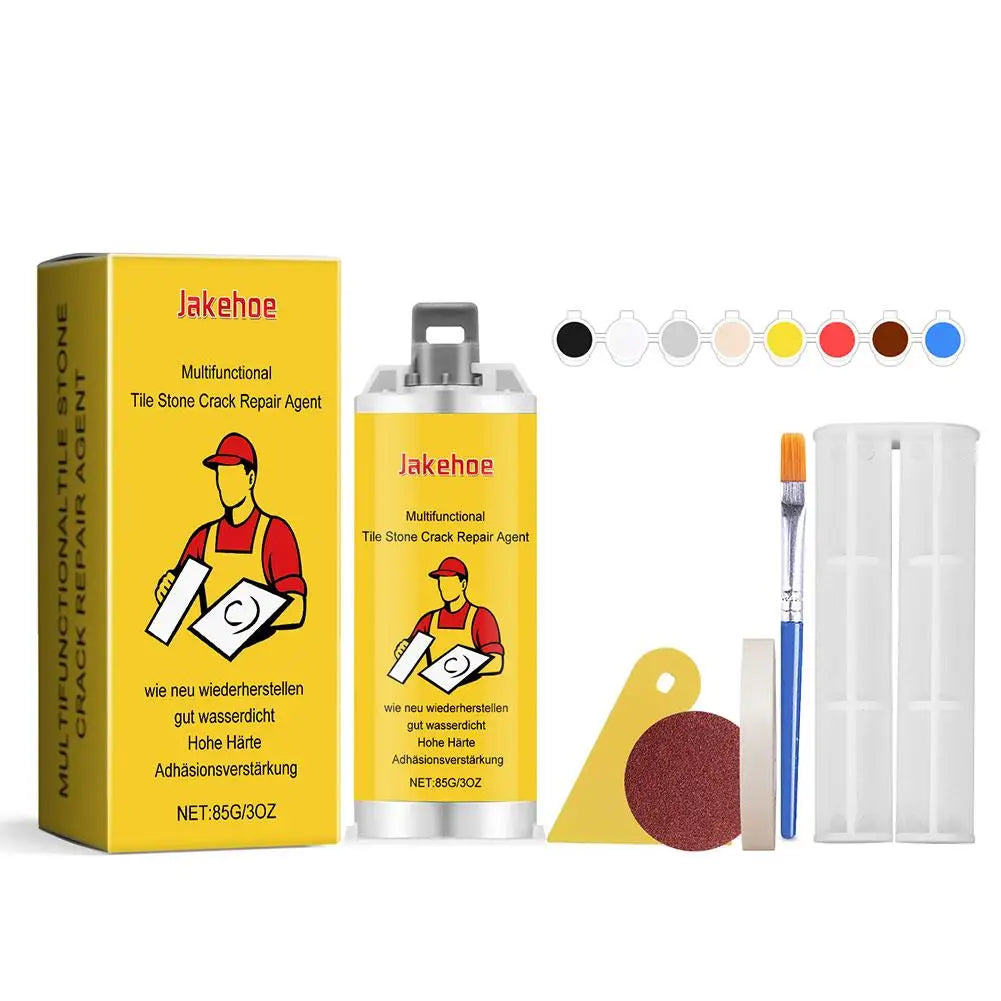 A yellow can of Jakehoe multifunctional tile stone crack repair agent with a dispenser and a set of applicator tools.