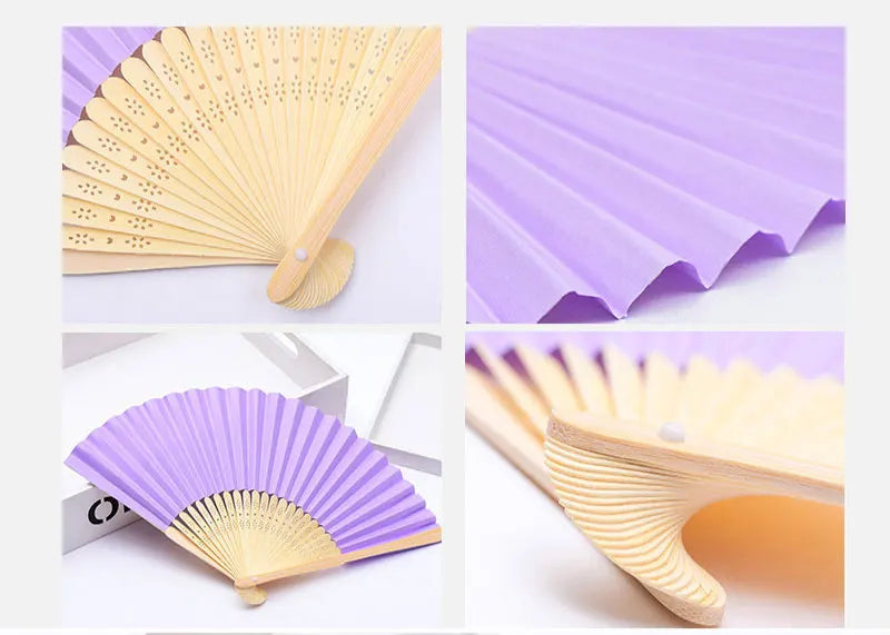 Un éventail en bambou et papier plié tenu à la main, montré sous divers angles et couleurs.