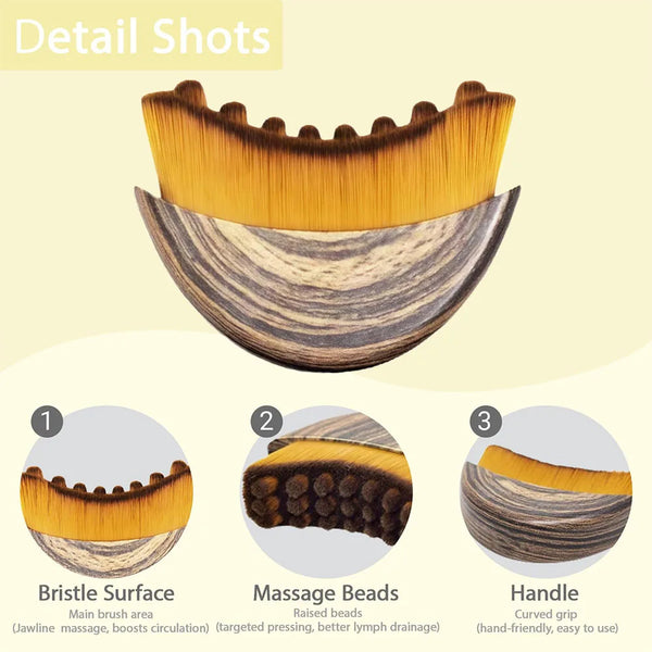 Detail shots of an ergonomic lymphatic contour face brush showing the bristle surface, massage beads, and handle.