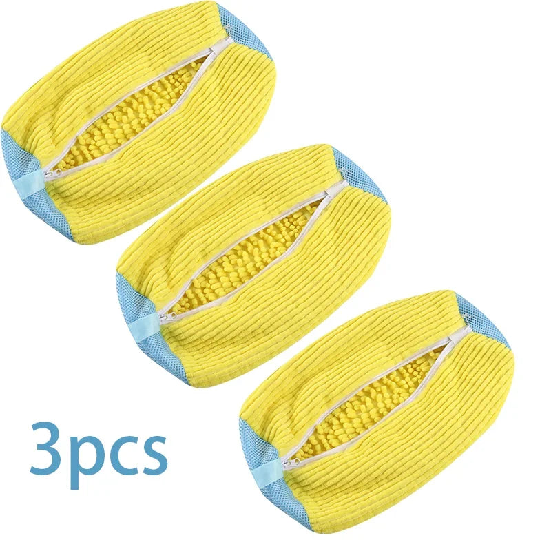Three yellow reusable shoe washing bags with an invisible zipper.