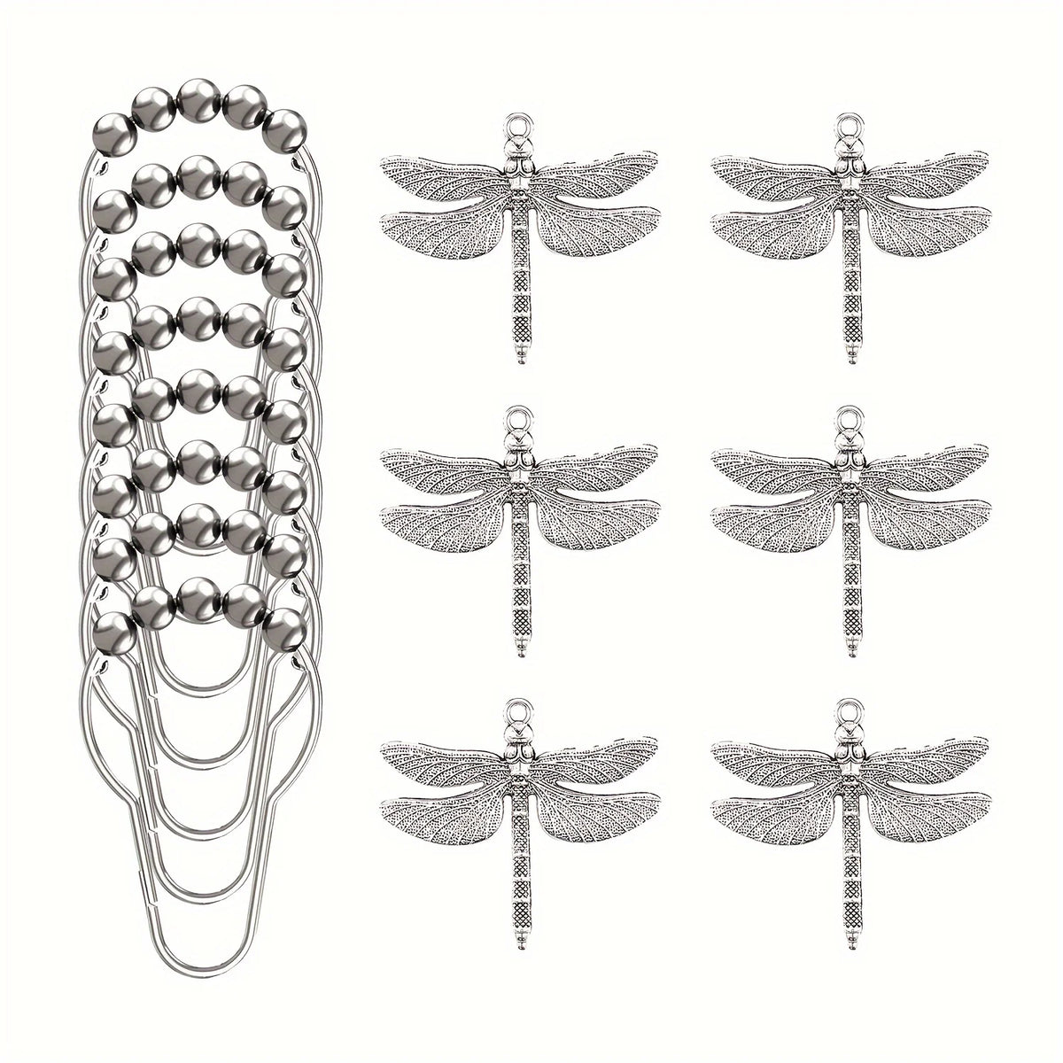 A set of silver dragonfly shower curtain hooks featuring various sizes and designs.