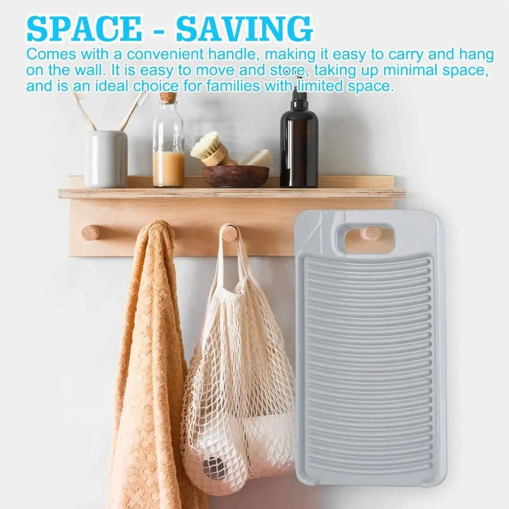 A wooden washing board with a fabric washing board and various bottles on a shelf.