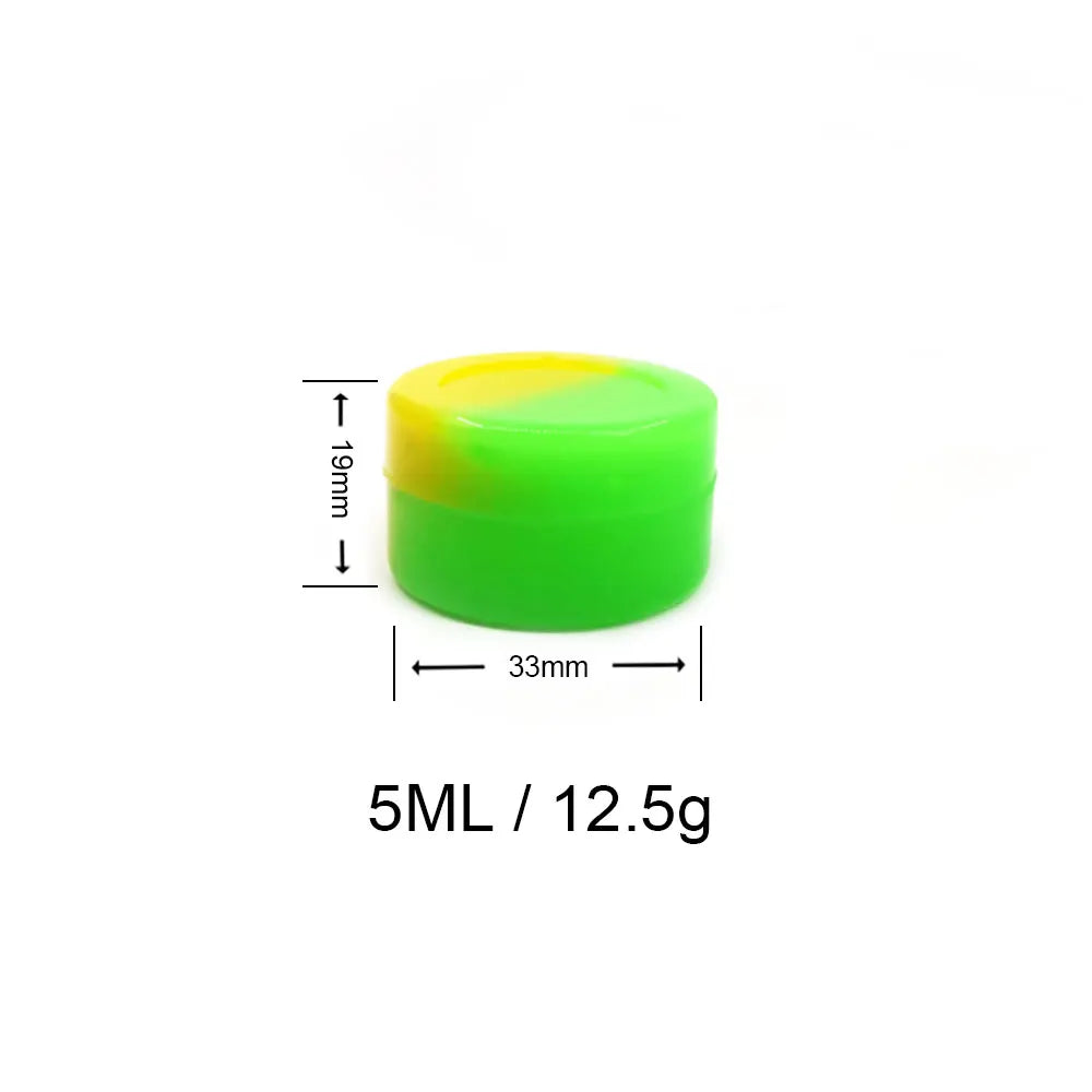 A bright green silicone storage jar with a yellow cap, measuring 5ML or 12.5g.