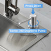 Stainless steel liquid soap dispenser pump with a press down mechanism and 360-degree swivel.