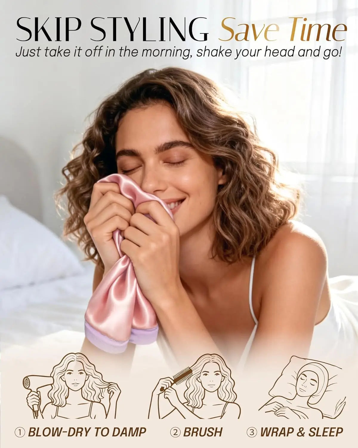 A woman is using a luxury satin sleep bonnet to dry her hair before going out.