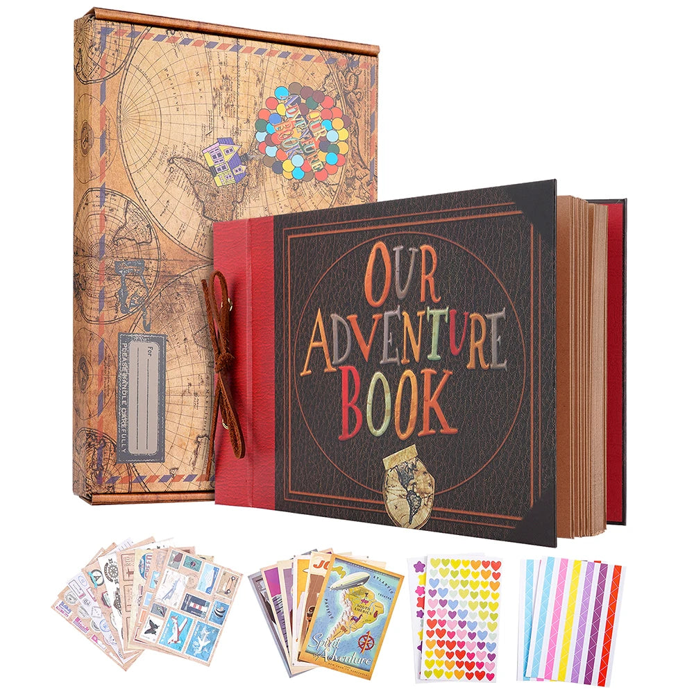 A set of handmade kraft scrapbook photo albums and colorful paper strips for crafting
