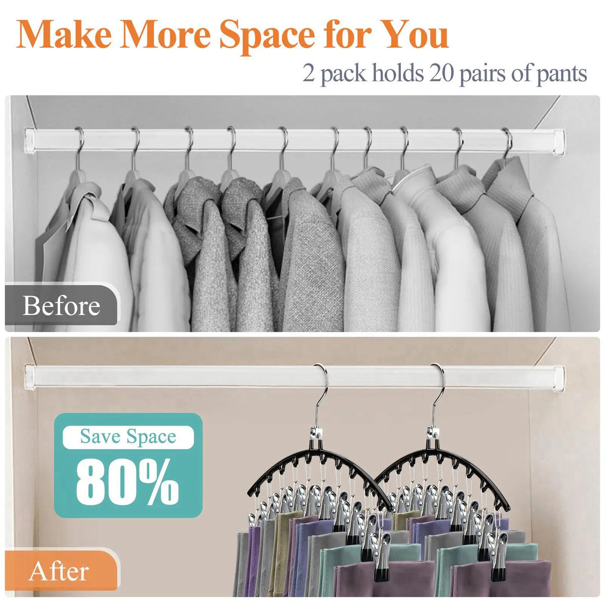 Imágenes antes y después mostrando un perchero de acero inoxidable secando 20 pares de pantalones.