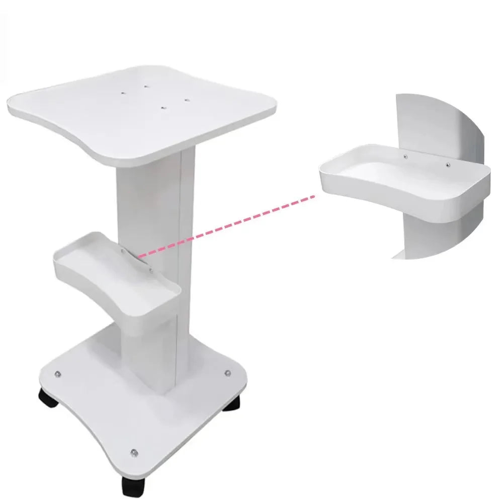 A white portable beauty trolley cart with a slanted tray and a separate seat.
