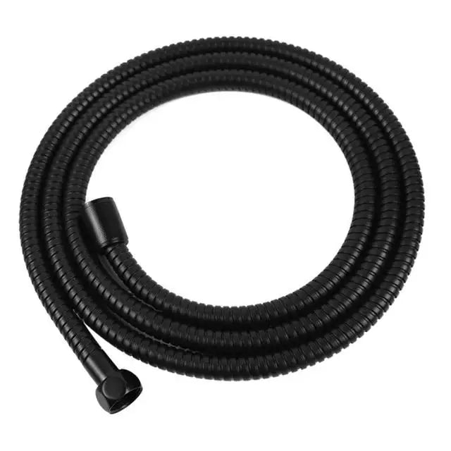 Black filtered high-pressure shower head with a flexible hose coiled in a circle
