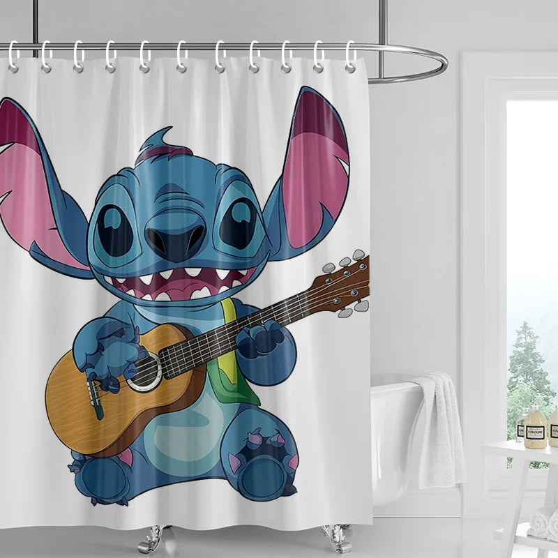 A graphic featuring a blue cartoon character playing an acoustic guitar on a white shower curtain.