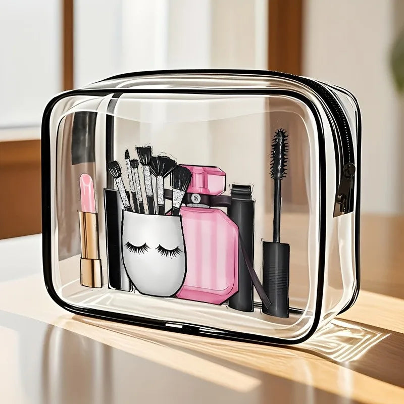 A clear travel organizer pouch containing various makeup and grooming tools like brushes and a comb.