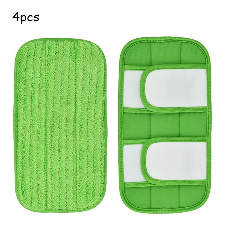 Four green reusable microfiber mop pads for floor cleaning