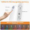 A white rechargeable battery night light with a PIR sensor and charging port shown next to a hand.