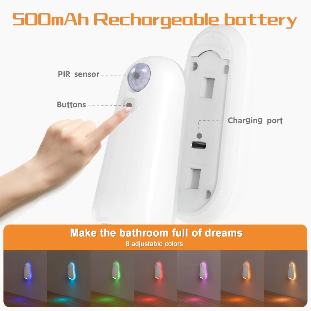 A white rechargeable battery night light with a PIR sensor and charging port shown next to a hand.