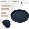 A dark gray silicone tray organizer set shown with features like heat-resistant, waterproof, non-slip, and shatterproof.