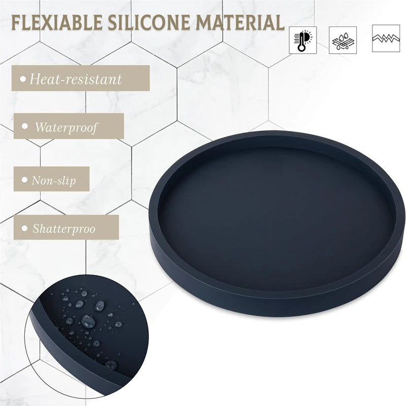 A dark gray silicone tray organizer set shown with features like heat-resistant, waterproof, non-slip, and shatterproof.