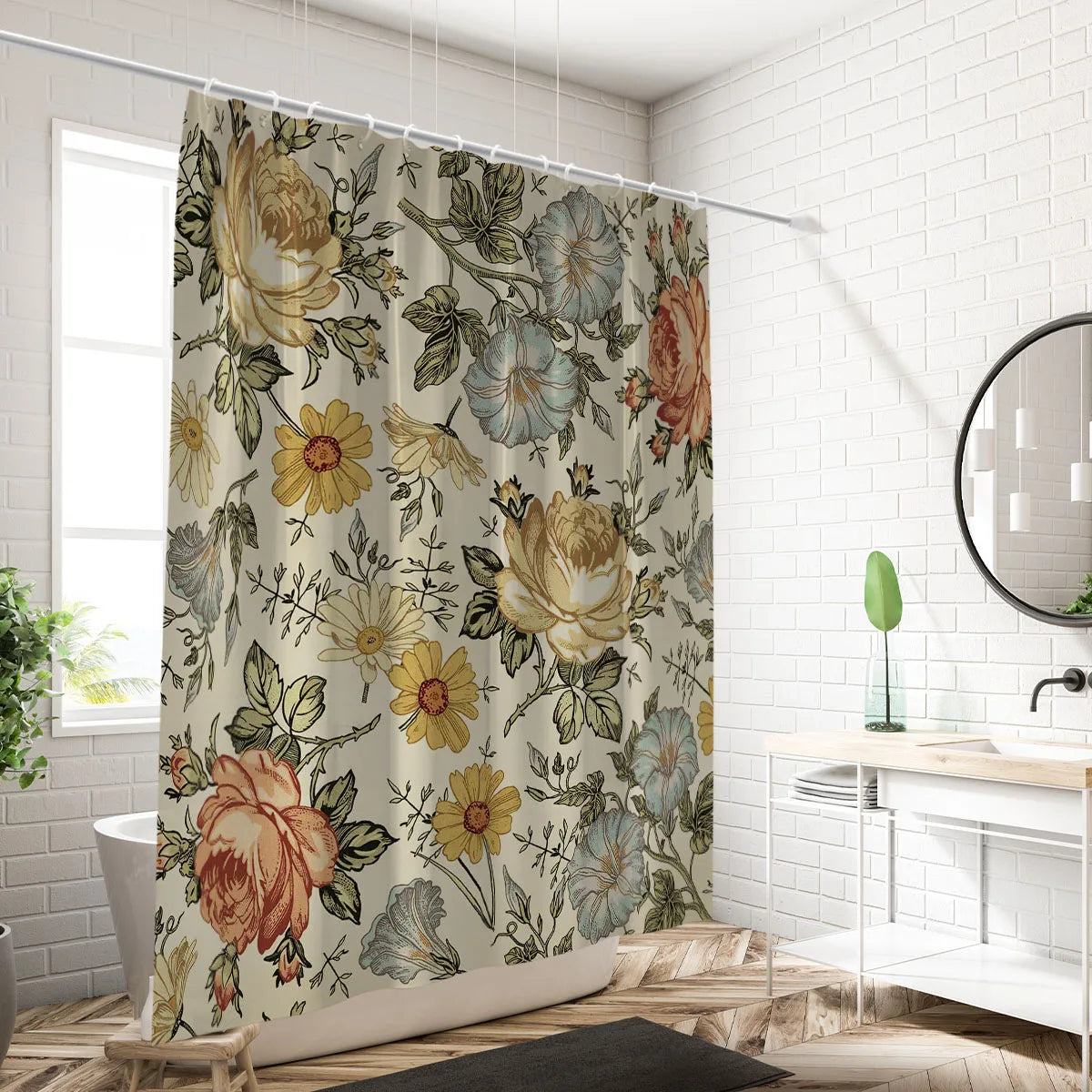 A floral print shower curtain featuring roses and yellow flowers hanging in a bathroom setting.