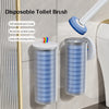 A disposable toilet brush with a blue head and white handle is shown next to its container on a bathroom counter.