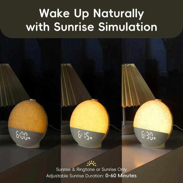 Sunrise simulation alarm clock with adjustable duration, showing various light levels.