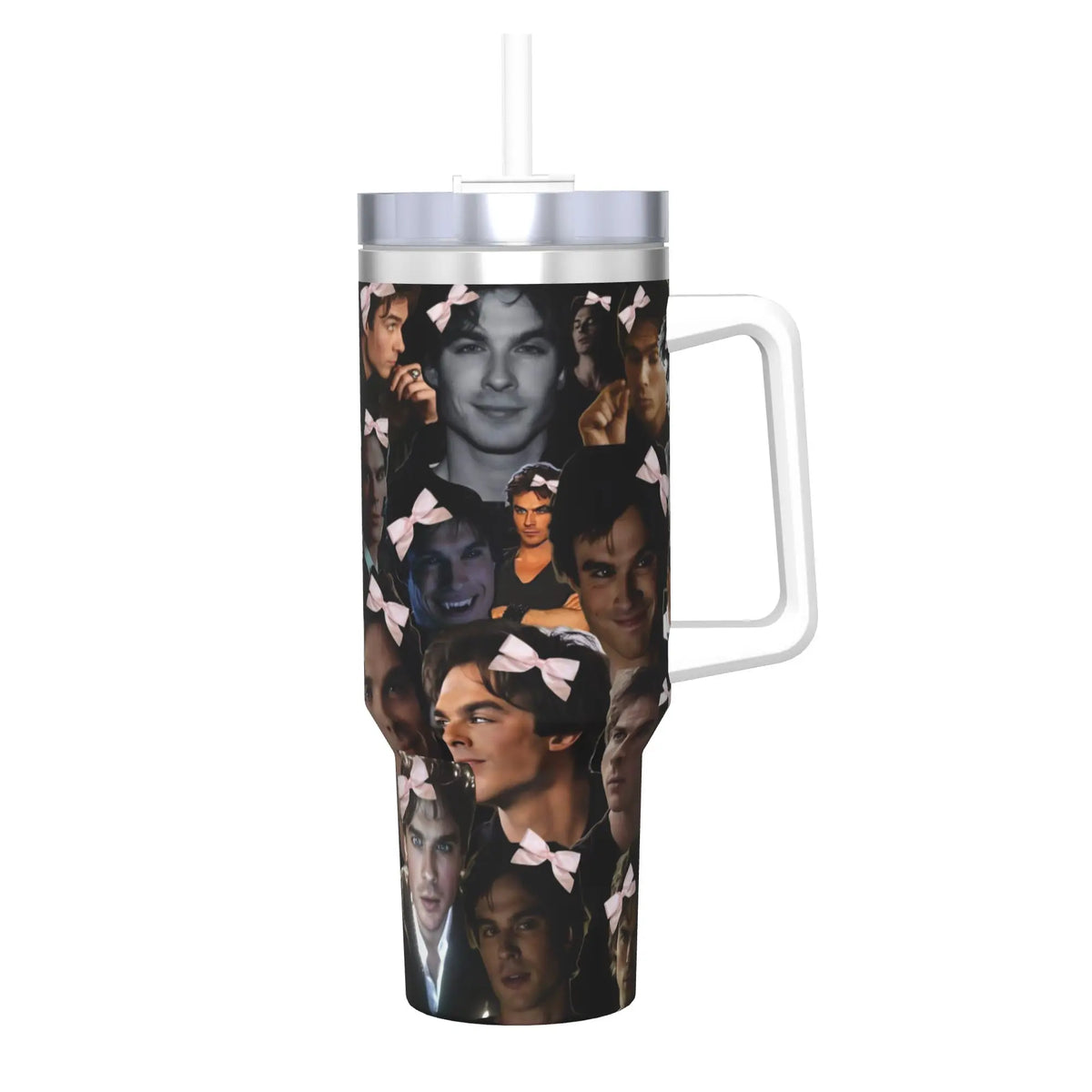 A stainless steel thermal tumbler featuring a collage of movie stars with pink bows.