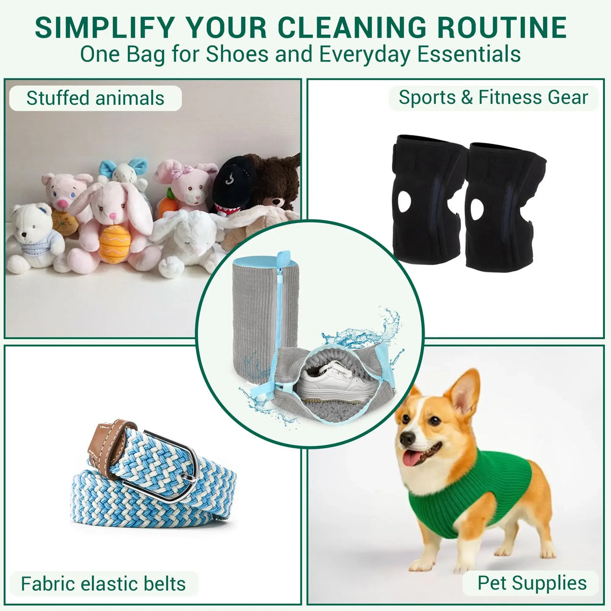 A reusable shoe washing bag with an invisible zipper is shown alongside pet supplies and sports gear.