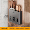 A gray cutlery storage rack holds wooden chopsticks and forks, designed for no-drilling installation.