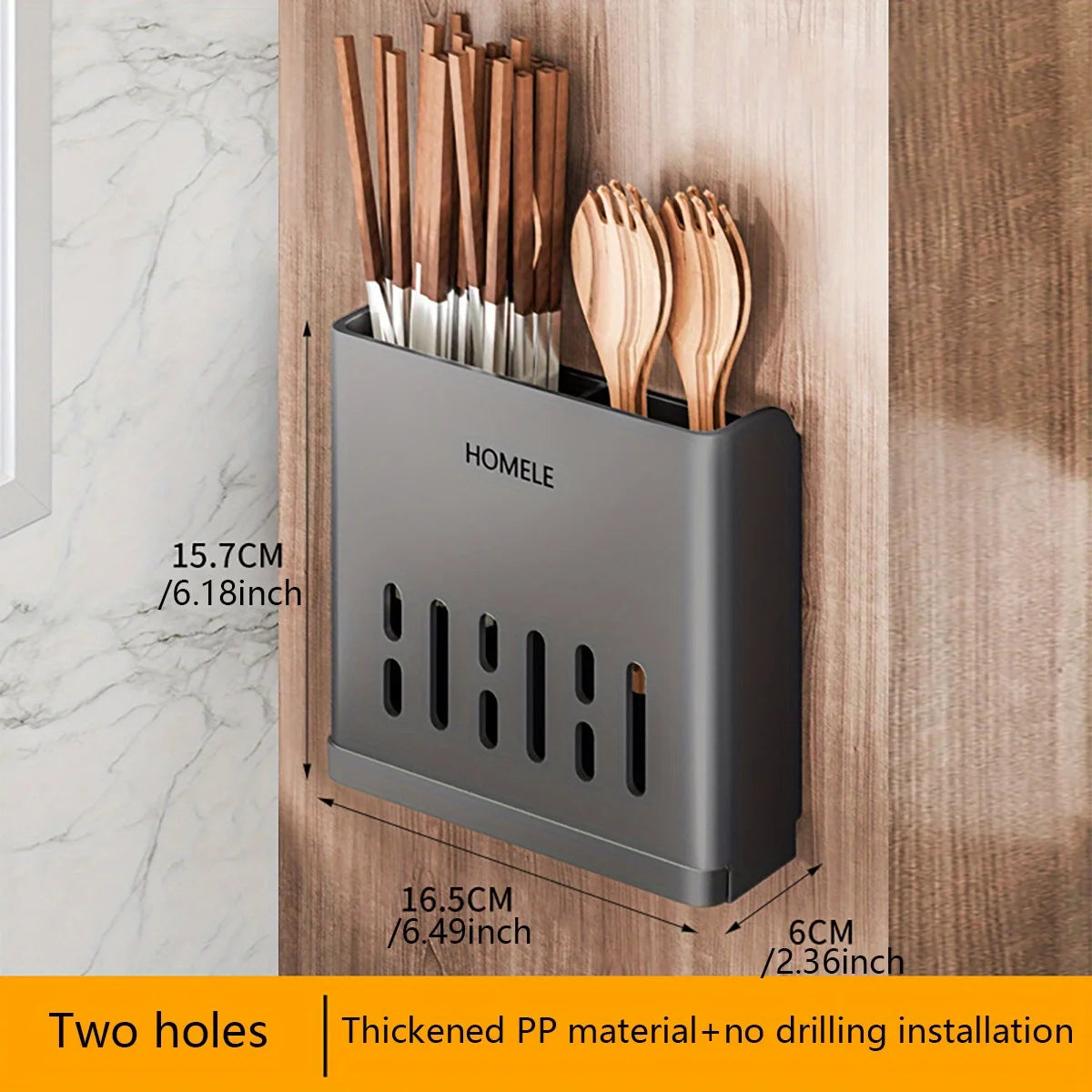A gray cutlery storage rack holds wooden chopsticks and forks, designed for no-drilling installation.