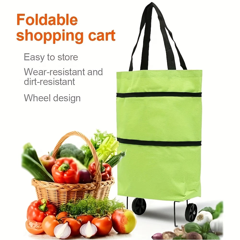 A lime green foldable shopping cart bag with black straps and wheels, shown next to fresh produce.