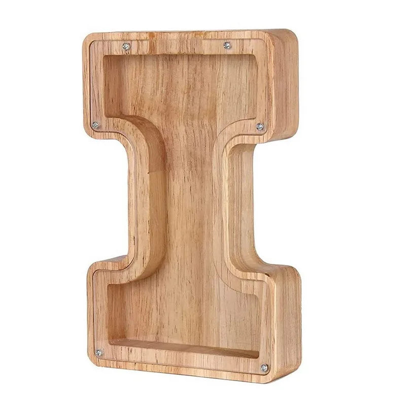 Piggy bank in wooden letter T shape for savings, made of light brown wood