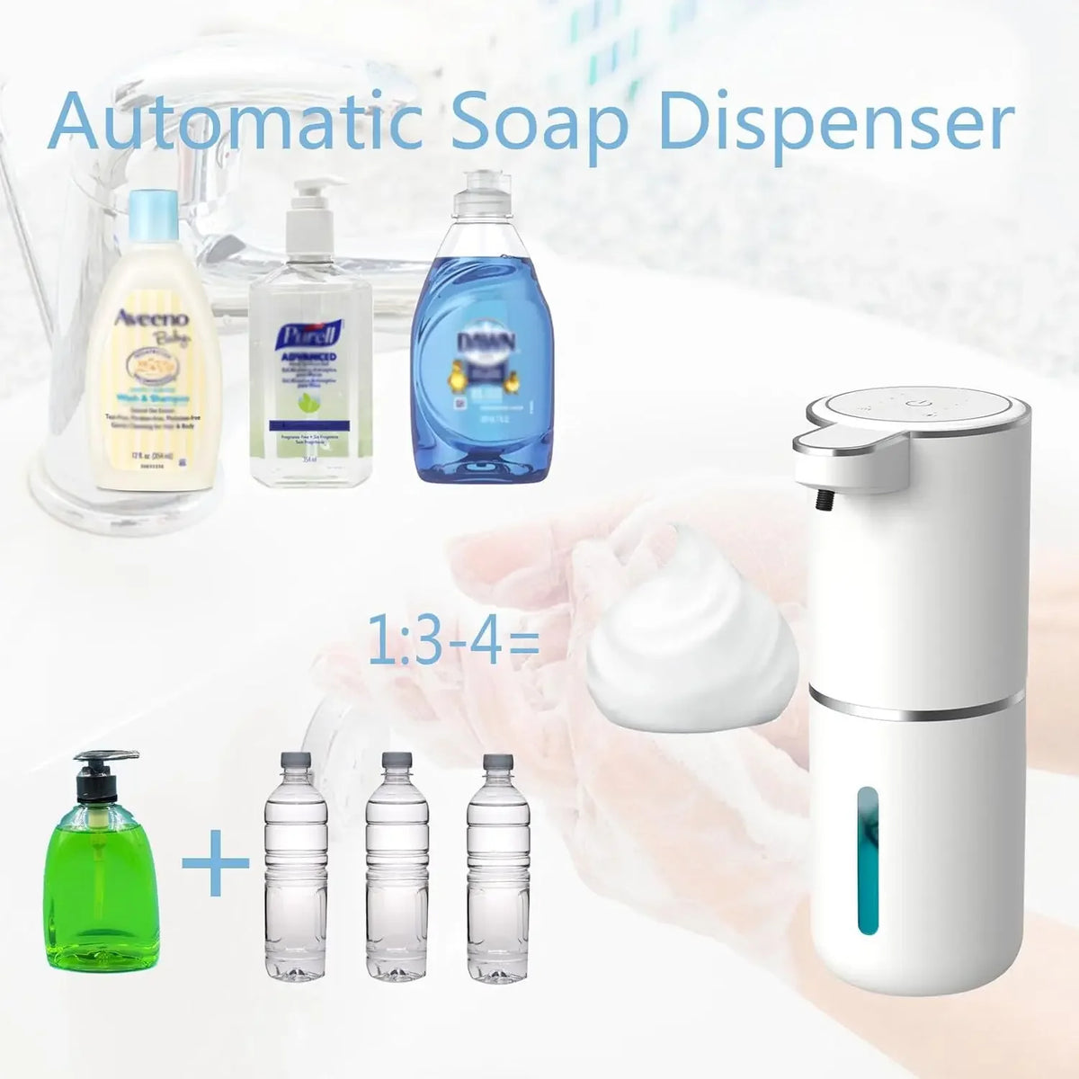 An automatic soap dispenser is shown with various bottles and a white electric pump dispenser.